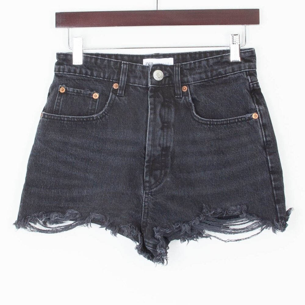 Zara High Rise Button Fly Distressed Denim‎ Shorts Womens Size 4